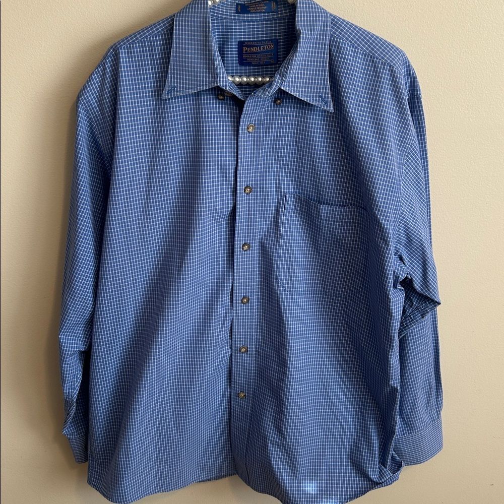 Pendleton Broadway Cloth Blue Checkered Long Sleeve Button Down. Size Large